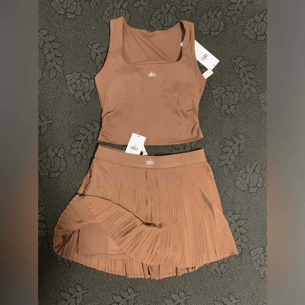 ALO Yoga Tan Pleated Skater Skirt with Matching Crop Tank
